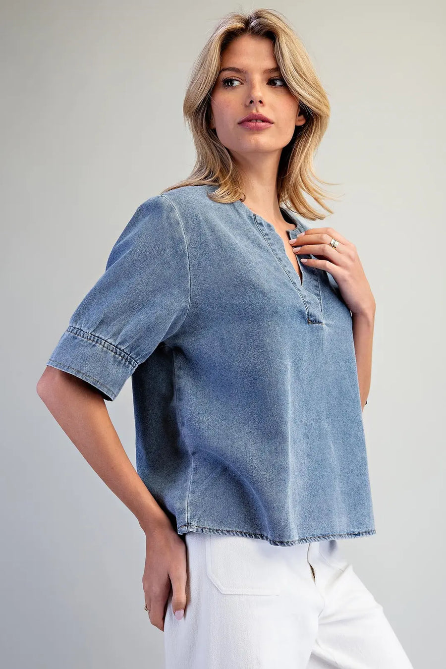 Everett Denim Notched V-Neck Blouse Top