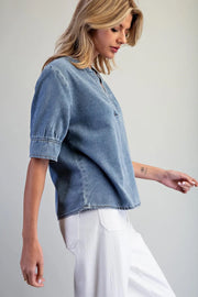 Everett Denim Notched V-Neck Blouse Top