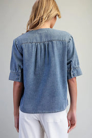 Everett Denim Notched V-Neck Blouse Top