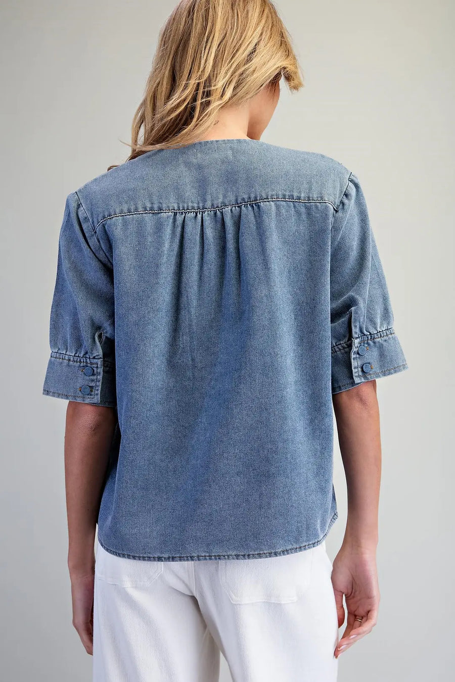 Everett Denim Notched V-Neck Blouse Top