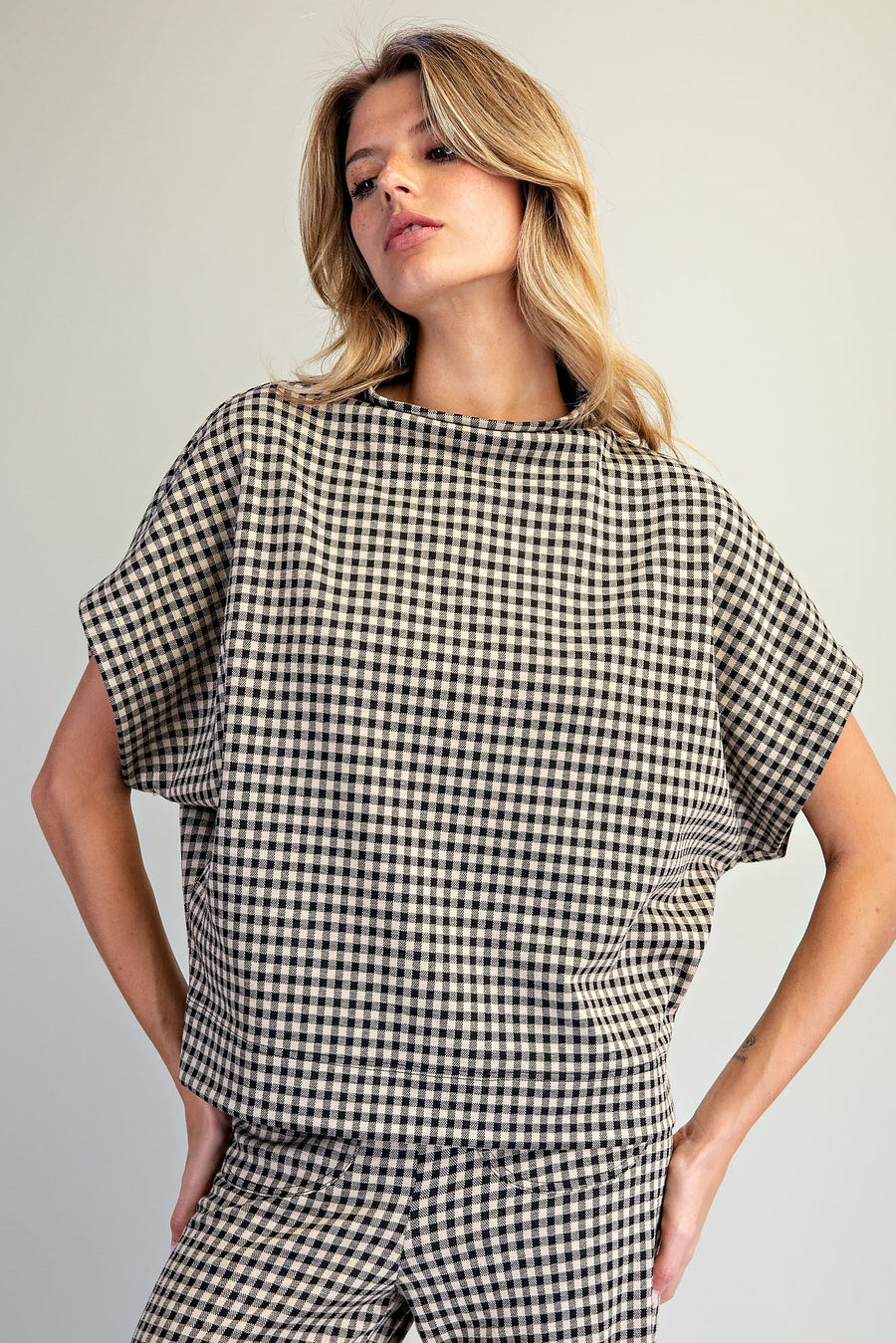 Bria Gingham Mock Neck Short Sleeve Top
