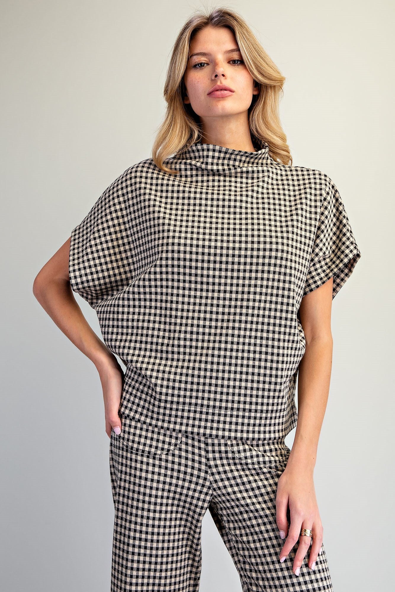 Bria Gingham Mock Neck Short Sleeve Top