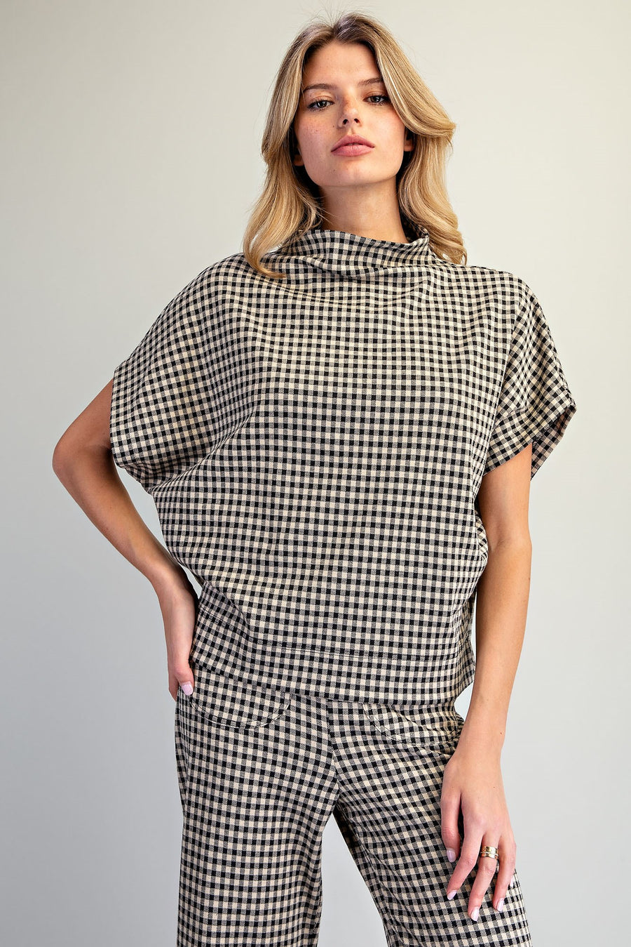 Bria Gingham Mock Neck Short Sleeve Top