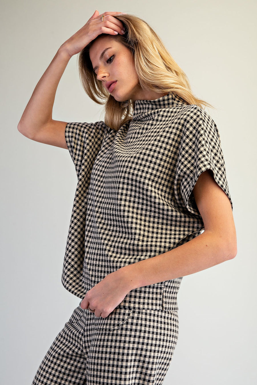 Bria Gingham Mock Neck Short Sleeve Top