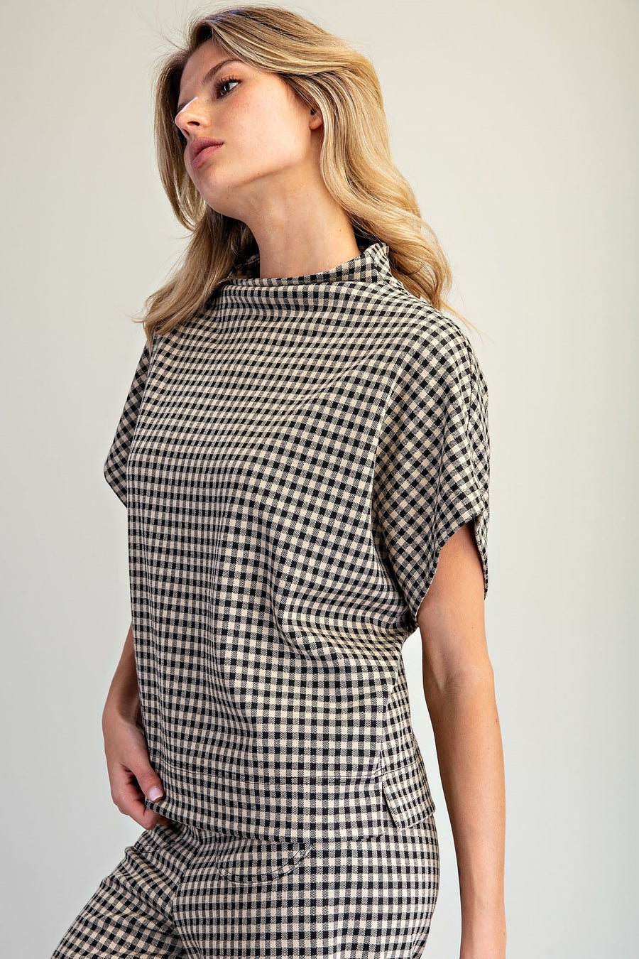 Bria Gingham Mock Neck Short Sleeve Top