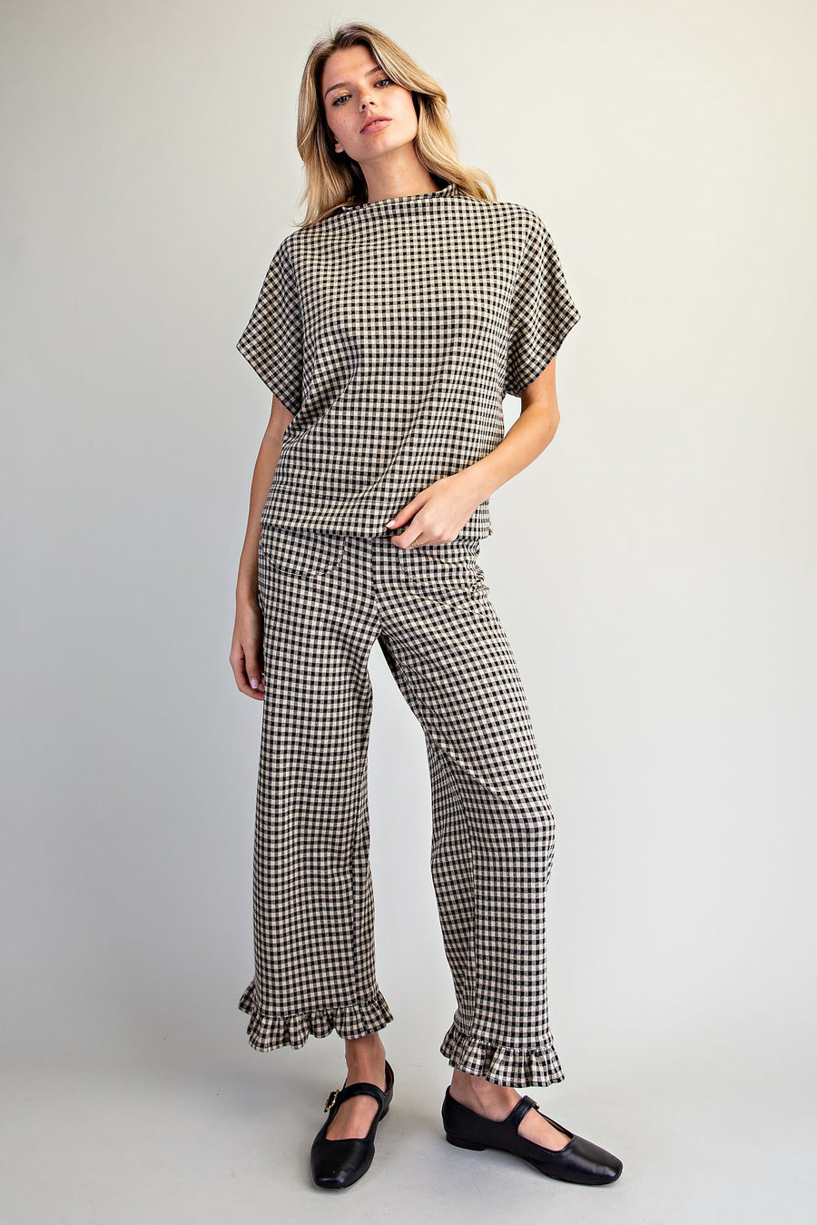 Bria Gingham Mock Neck Short Sleeve Top