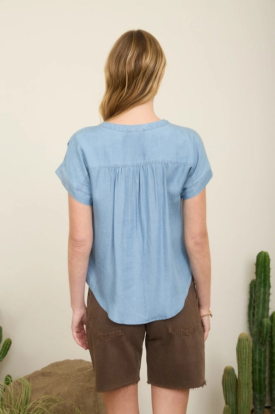 Athena Half Button Chambray Denim Henley Top