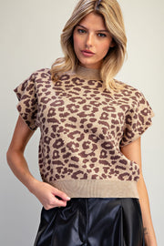 Leopard Cap Sleeve Mock Knit Top