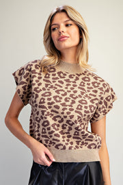 Leopard Cap Sleeve Mock Knit Top