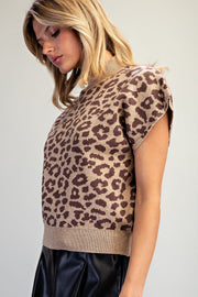 Leopard Cap Sleeve Mock Knit Top