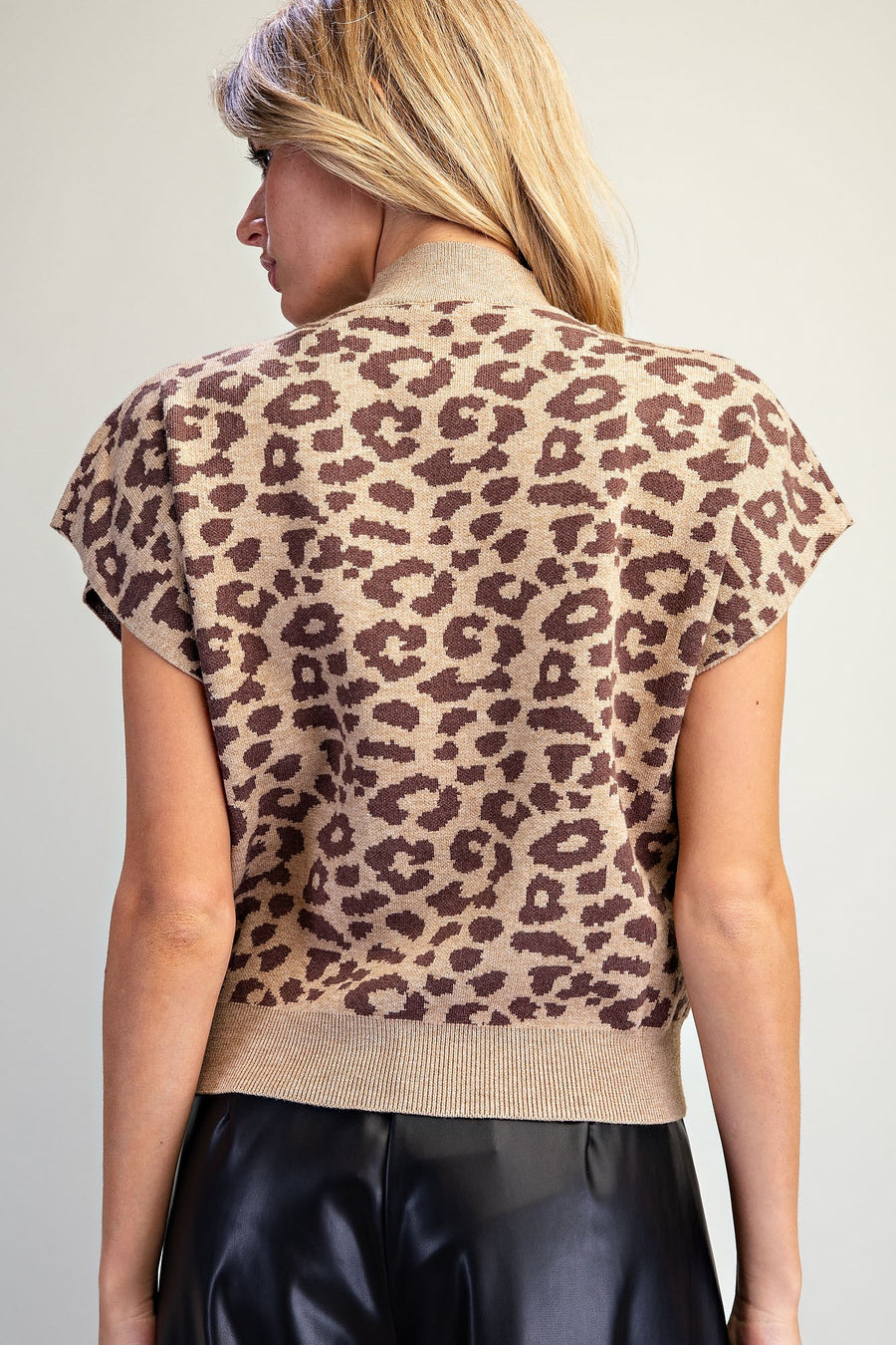 Leopard Cap Sleeve Mock Knit Top
