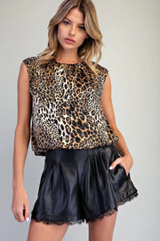 Sheba Satin Leopard Sleeveless Bubble Blouse