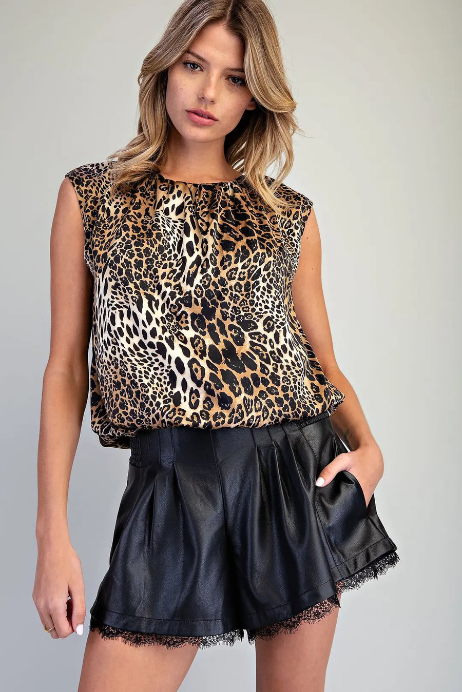 Sheba Satin Leopard Sleeveless Bubble Blouse