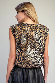Sheba Satin Leopard Sleeveless Bubble Blouse