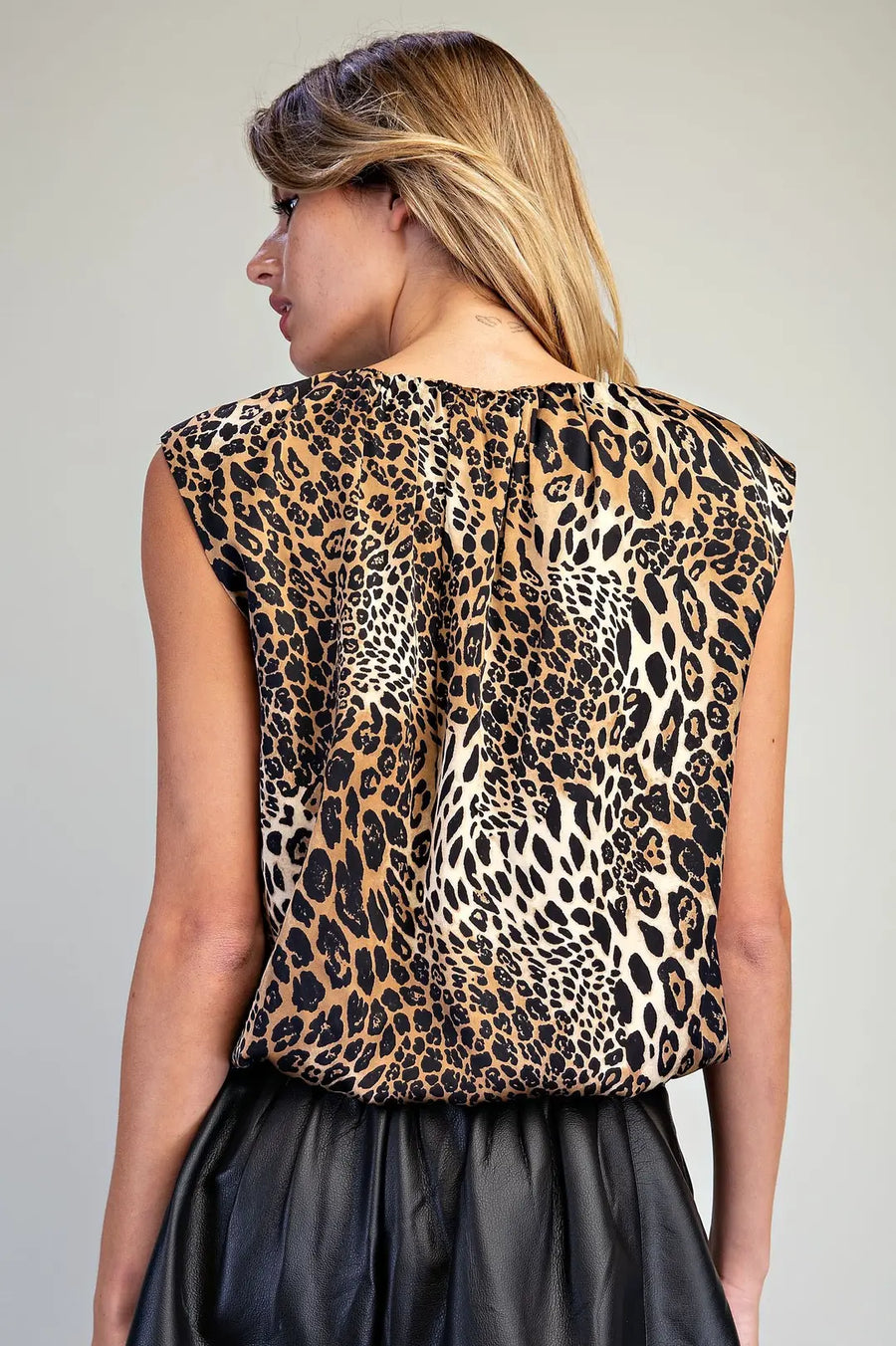 Sheba Satin Leopard Sleeveless Bubble Blouse