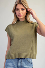 Cleo Mock Neck Cap Sleeve Sweater Top with Raw Seam Details