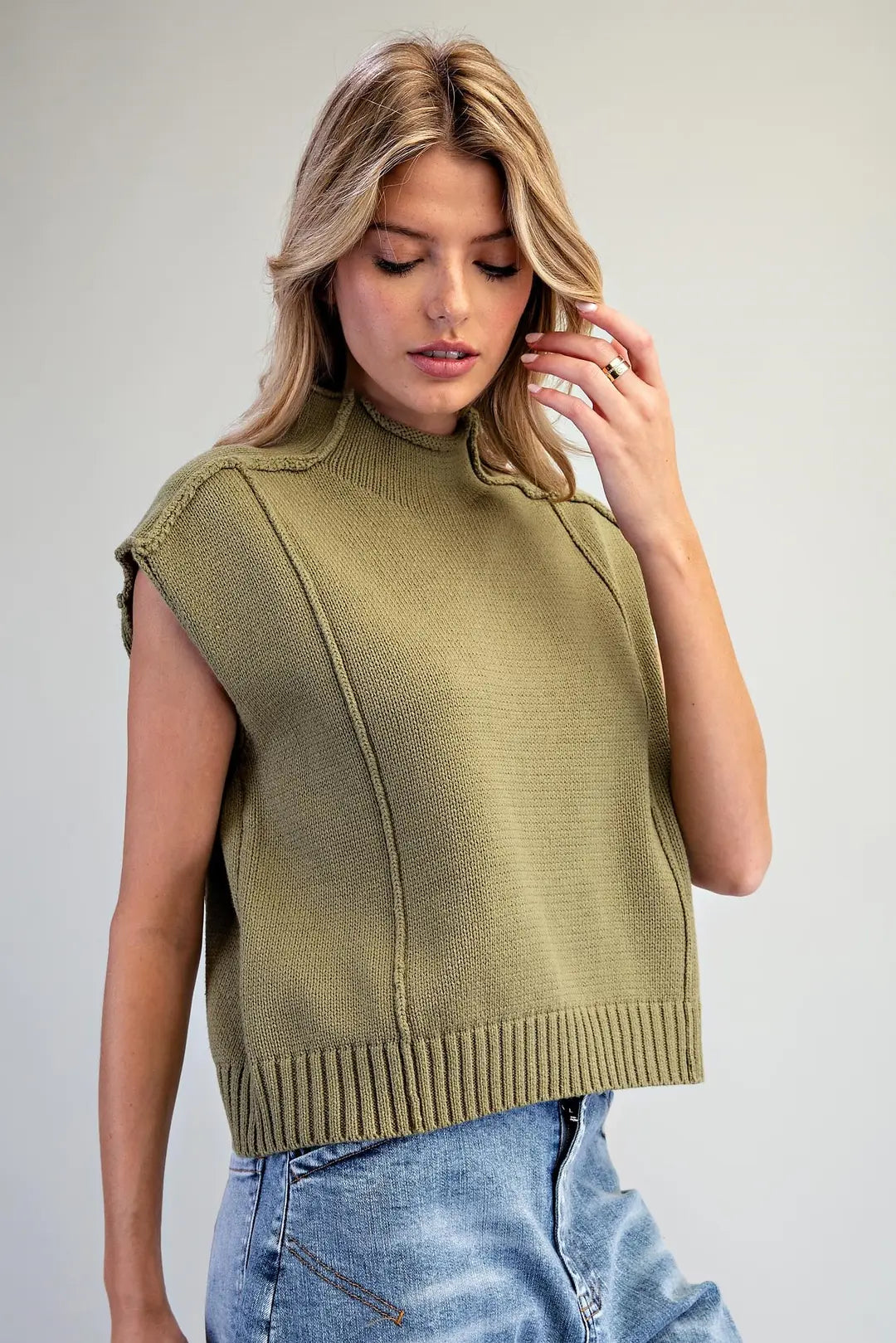 Cleo Mock Neck Cap Sleeve Sweater Top with Raw Seam Details
