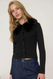 Minkie Faux Fur Collar Button Down Knit Sweater