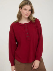 Cherilynn Long Sleeve Button Henley Luxe Knit Top