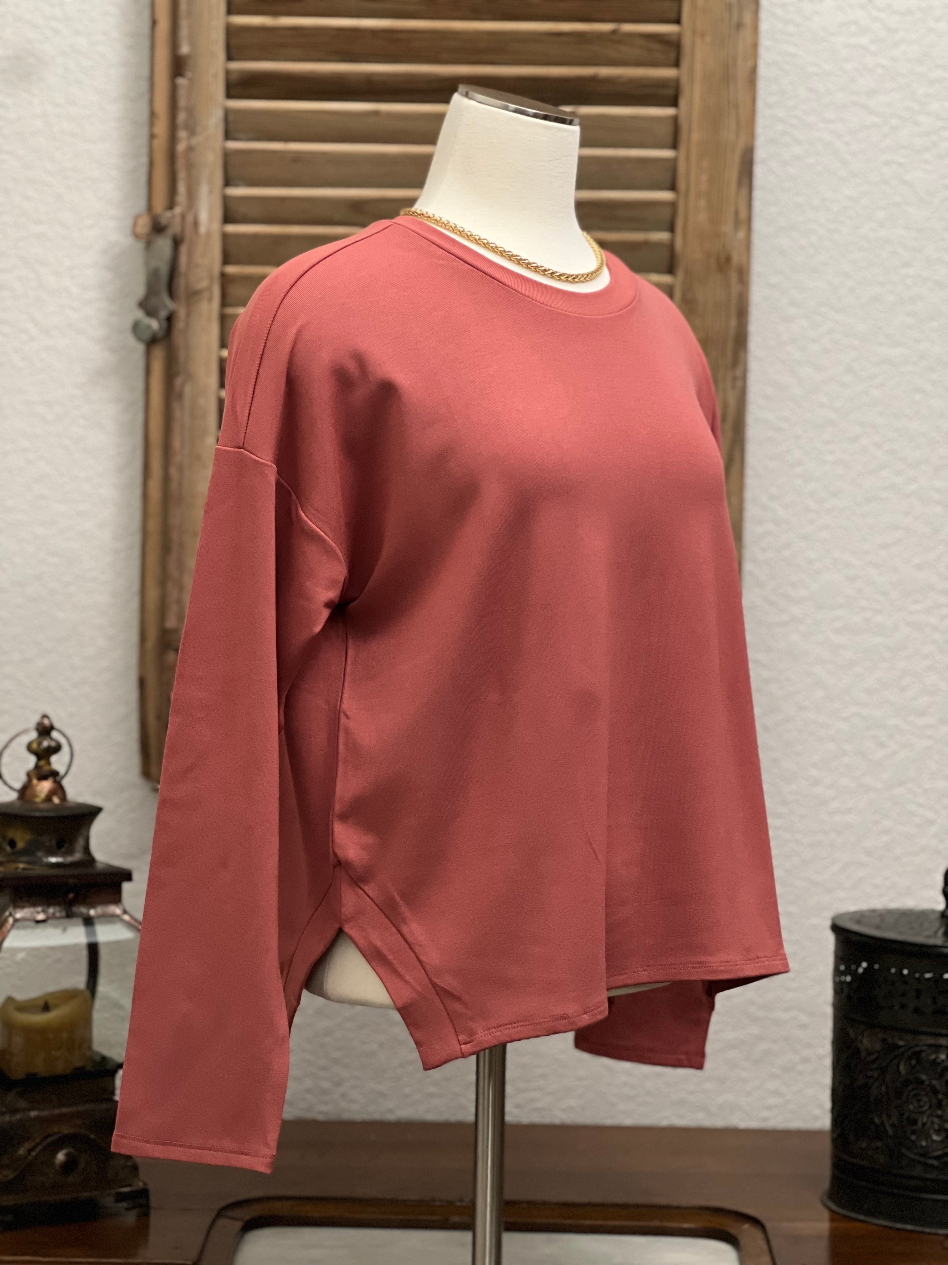 Adeline Long Sleeve Cutaway Notched Hip Crewneck Tee Top