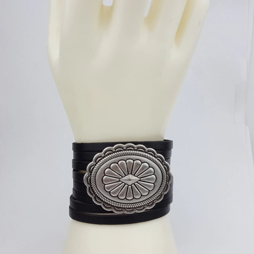 Western Concho Multi Strand Leather Cuff Bracelet