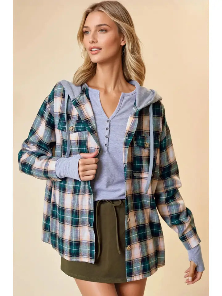 Crockett Hooded Plaid Button Front Shirt Jacket