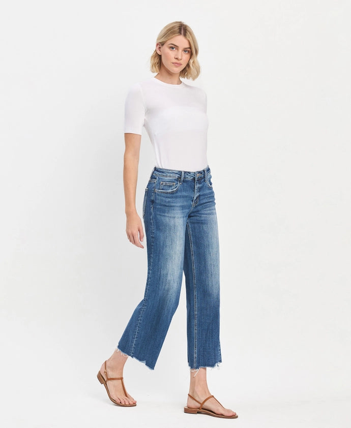 Bad Romance Mid Rise Ankle Wide Leg Distressed Hem Jeans