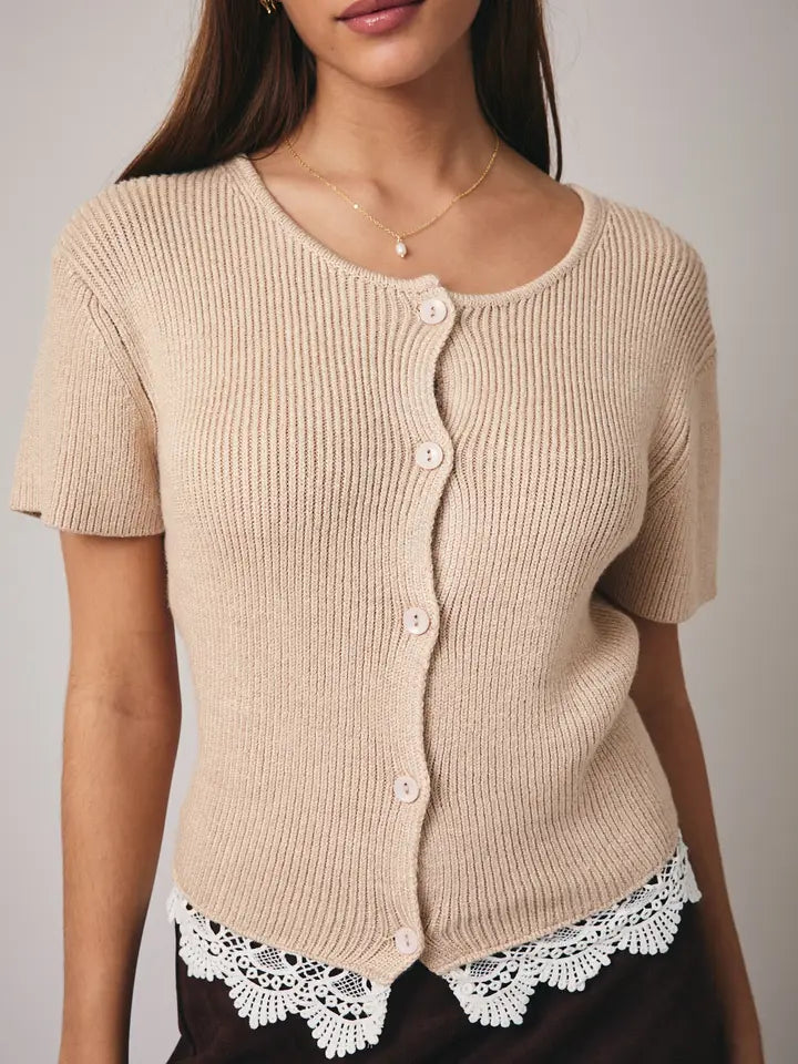 Lila Button Front Short Sleeve Lace Hem Sweater Top