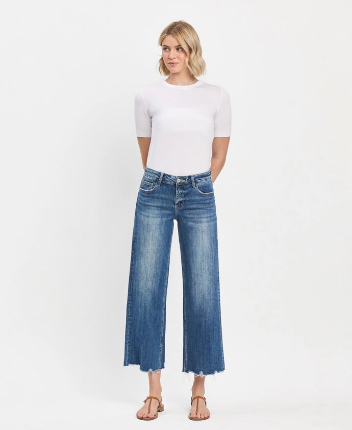 Bad Romance Mid Rise Ankle Wide Leg Distressed Hem Jeans