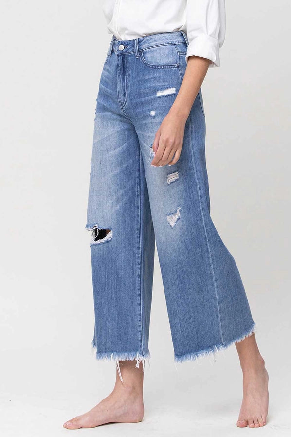 Beautiful CrAzY Super High Rise Wide Leg Crop Denim Jeans with Frayed Hem