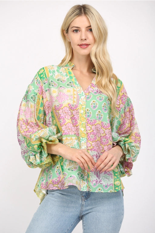 Aidyn Puff Sleeve Button Down Chiffon Blouse