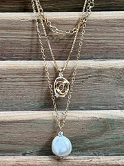 Layered Paperclip Chain with Knot Gold Charm & Pearl Necklace