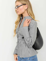 Camilla Plaid Collared Long Sleeve Shirred Waist Peplum Top