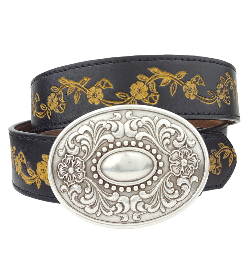 Floral Tooled Belt with Oval Western Buckle