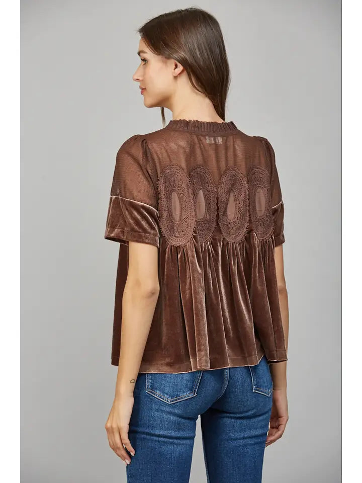 Veda Mesh Lace Applique Velvet Peplum Top by FATE