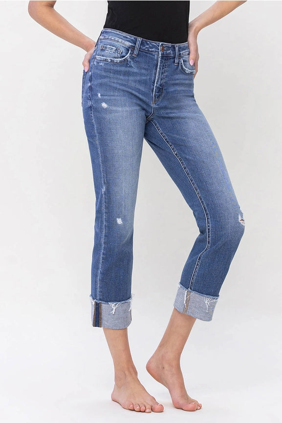 Bowie High Rise Straight Leg Crop Denim Jeans with Rolled Cuffs