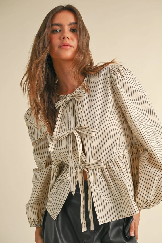 Agatha Striped Woven Tie Front Peplum Blouse