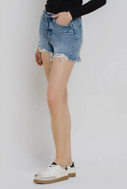 Vervet High Rise Bandless Boyfriend Fray Hem Denim Shorts