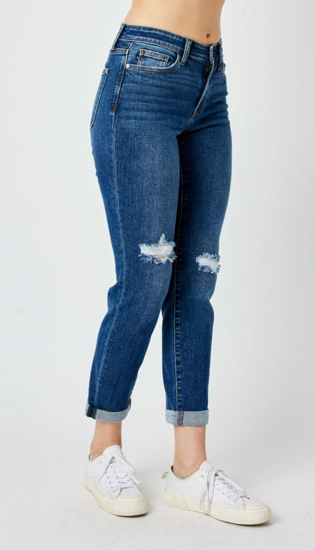 Foolin' Mid Rise Slim Fit Rolled Cuff Ankle Crop Jeans With Destroyed Knees