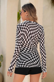 Delta Black & White Checkered Semi-Sheer Long Sleeve Mesh Top