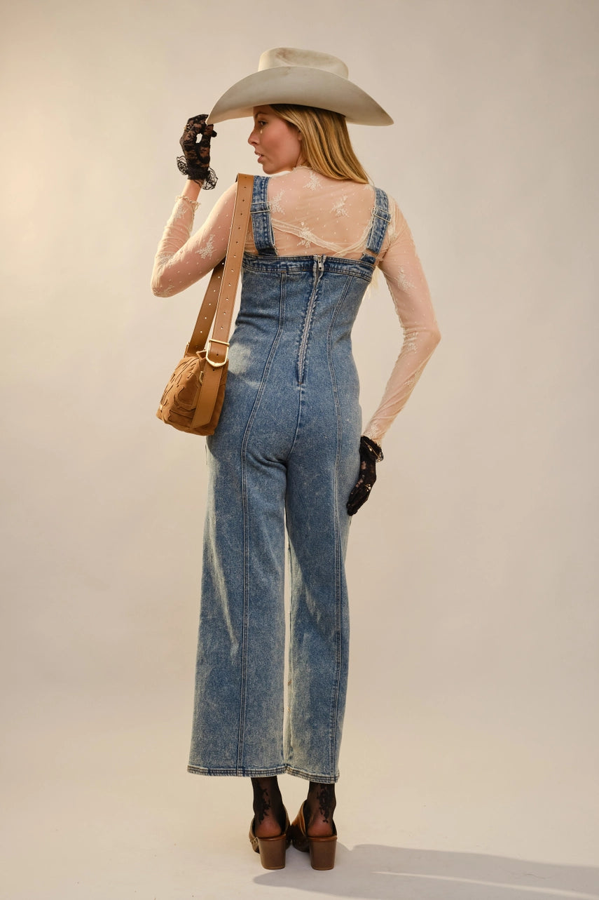 Hold Your Horses Western Embroidered & Studded Denim Overall Jumpsuit