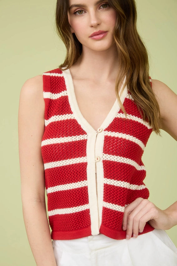 Marina Stripe Button Front Crochet Knit Vest
