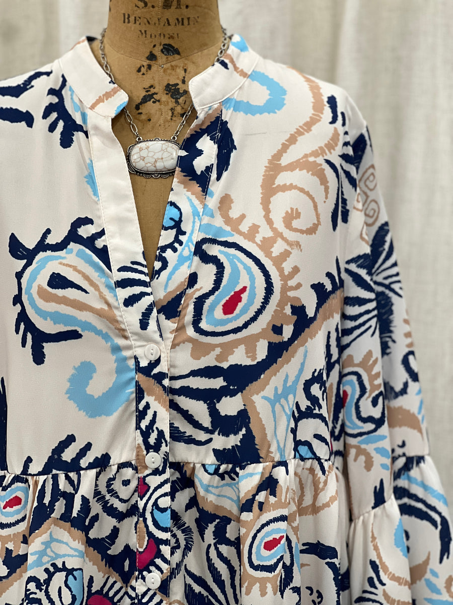 Catori Tribal Print 3/4 Ruffle Sleeve Buttoned Mini Dress