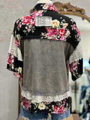 Shirley Oversized Half Sleeve Charcoal Roses Button Down Top/Jacket