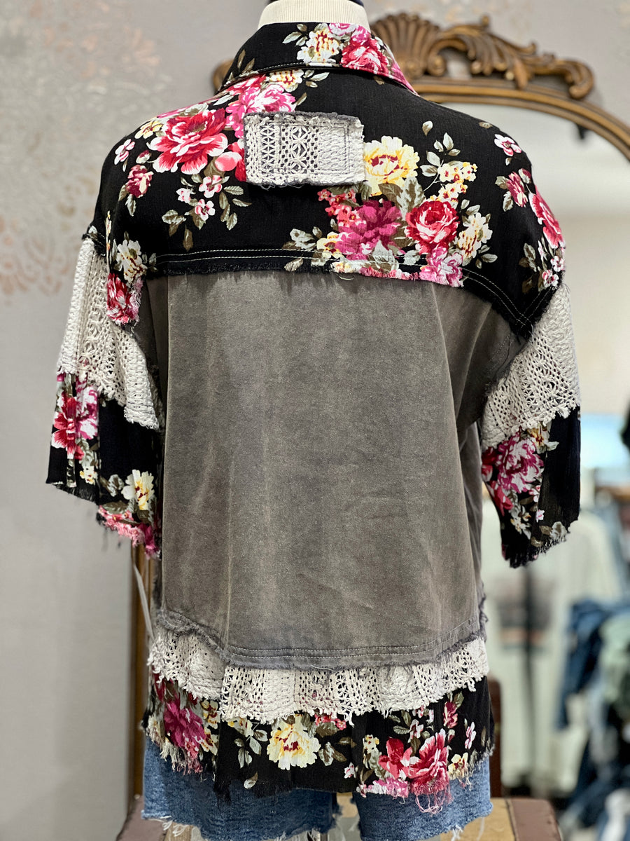 Shirley Oversized Half Sleeve Charcoal Roses Button Down Top/Jacket