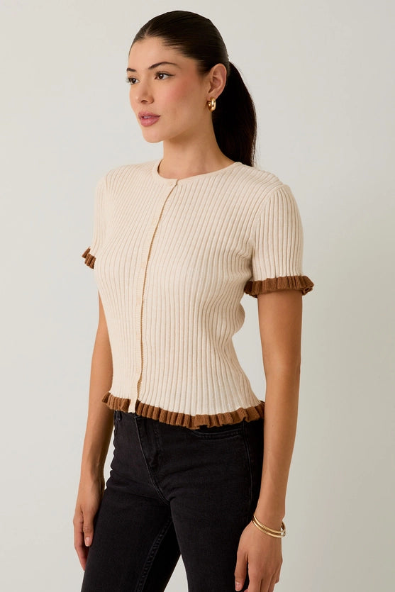 Maddyx Button Down Ruffle Ribbed Knit Top