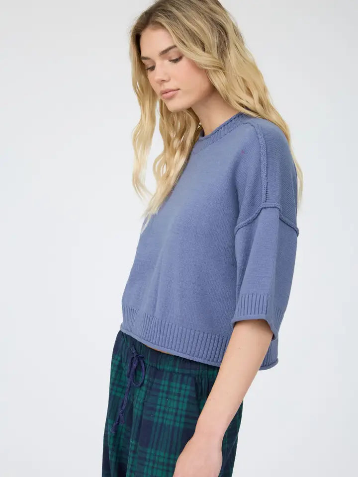 Cora Exposed Seam Drop Shoulder Half Sleeve Sweater Knit Top