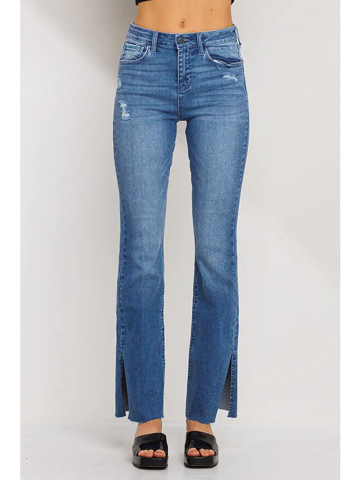 Dark Wash Denim Jeans with Side Slits, Flare Leg, and Raw Hem