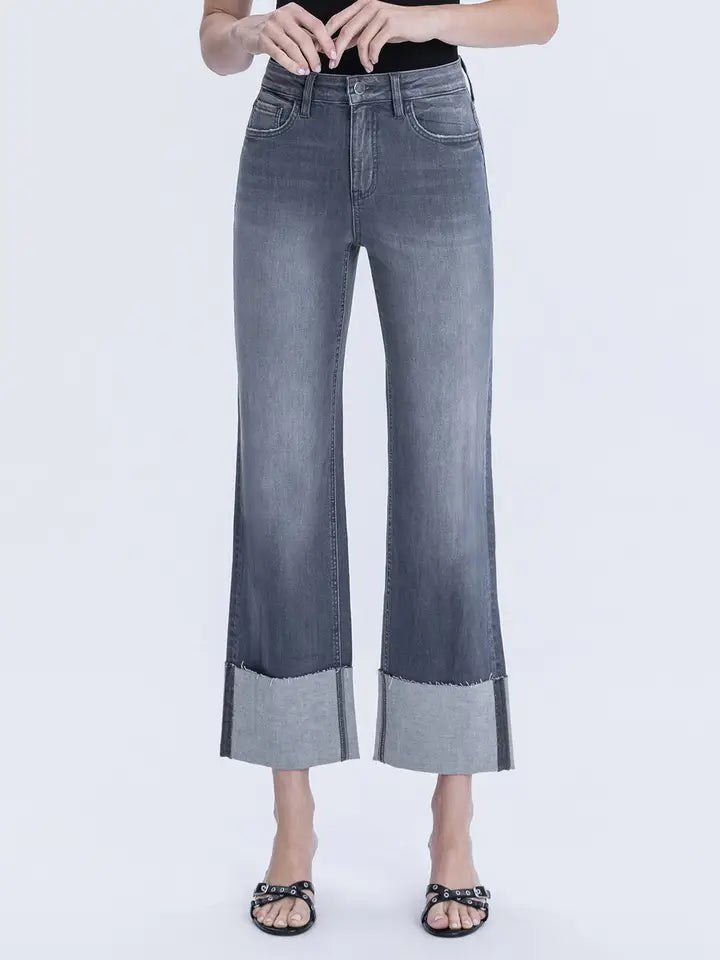 Pokerface High Rise Dark Grey Cuffed Slim Wide Jeans