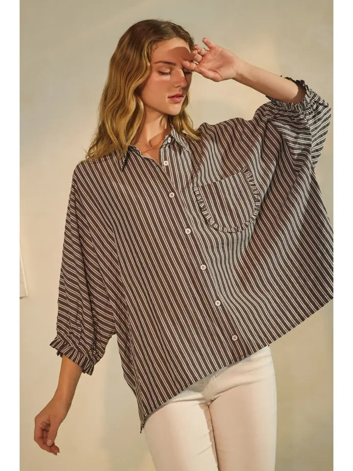 Dasha Striped Button Down 3/4 Sleeve Oversized Shirt
